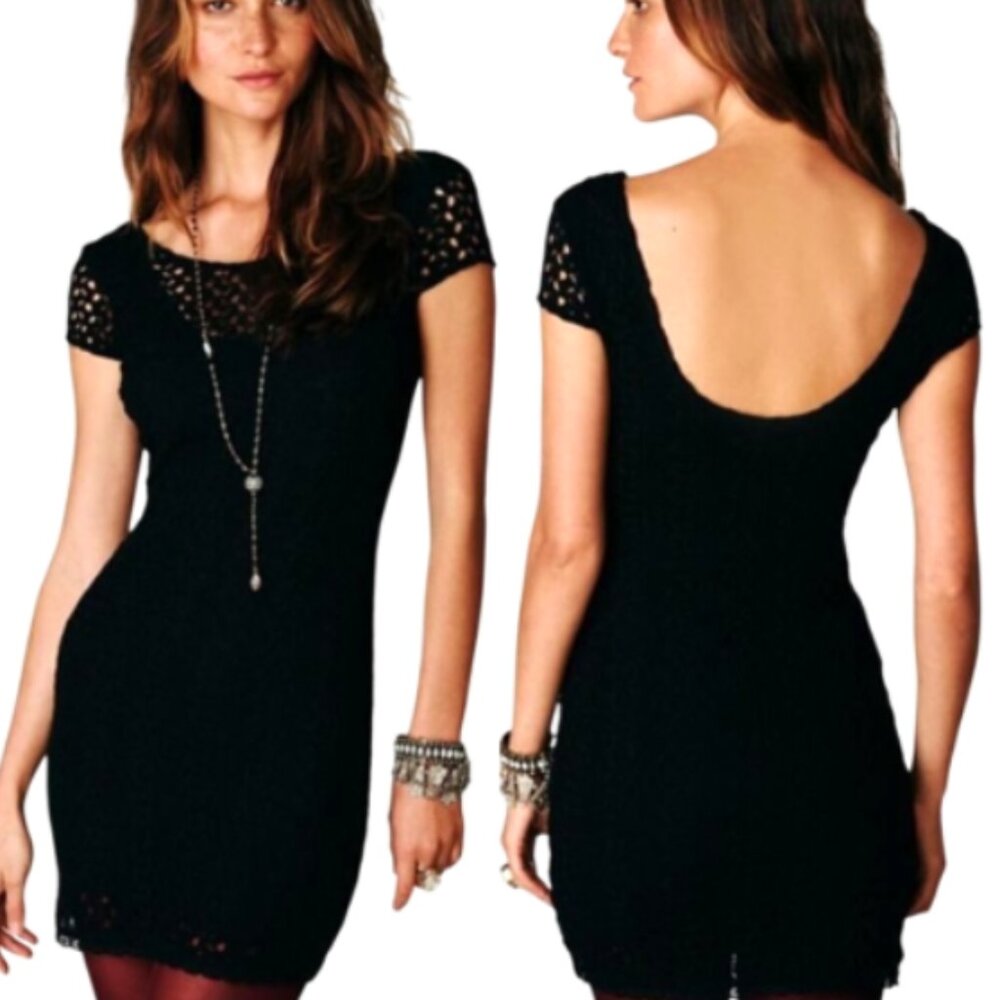 Free People Women's Black Eyelet Lace Crochet Cap Sleeve Bodycon Dress Size SP